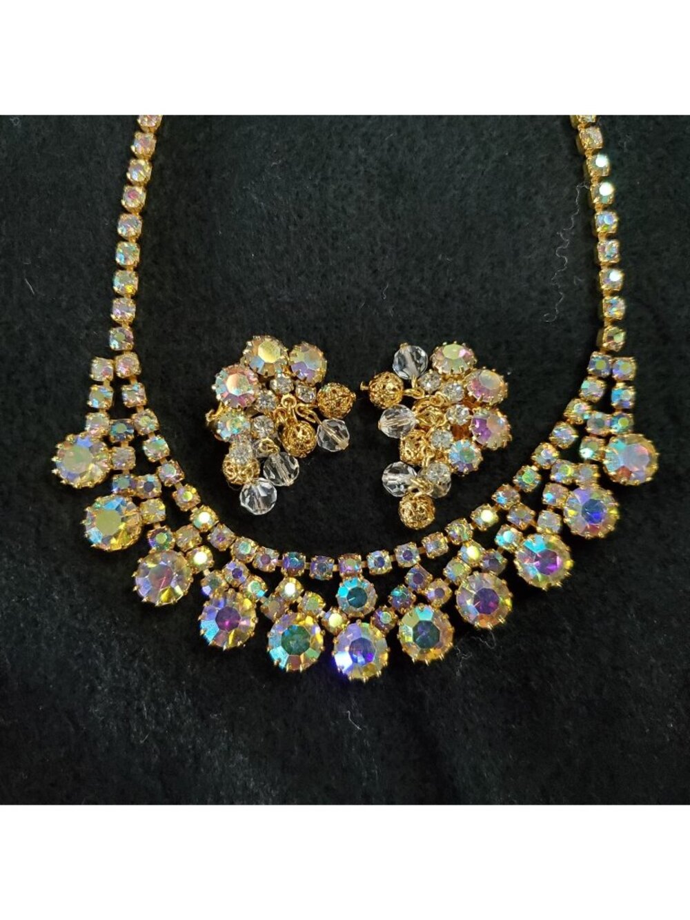 Vintage Rhinestone Necklace Earring Set Cha Cha AB Yellow Gold Tone Statement
